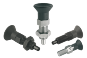 Indexing plungers, steel or stainless steel with plastic mushroom grip and extended indexing pin - inch