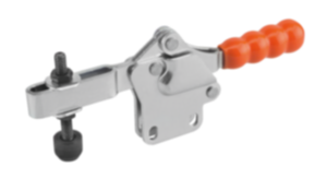 Toggle clamps horizontal with straight foot and adjustable clamping spindle