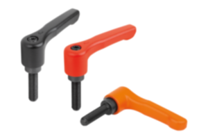 Clamping levers, die-cast zinc, flat with external thread, threaded pin black oxidised steel