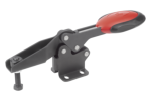 Toggle clamps horizontal with safety interlock with flat foot and adjustable clamping spindle