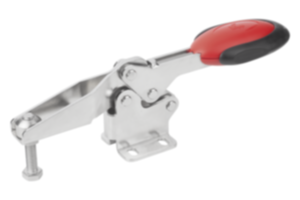 Toggle clamps horizontal with safety interlock with flat foot and adjustable clamping spindle, stainless steel